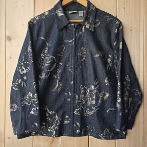 Chicos Denim Gold Embroidered Beaded Sequin Zipper Jacket Size 2